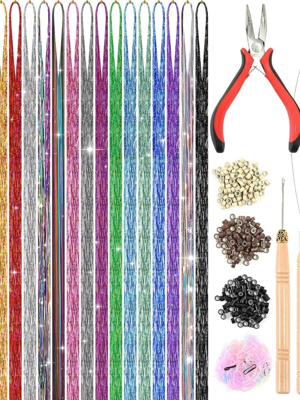 18 Color 48" Hair Tinsel Kit, 5400 Strands Heat Resistant with Tool